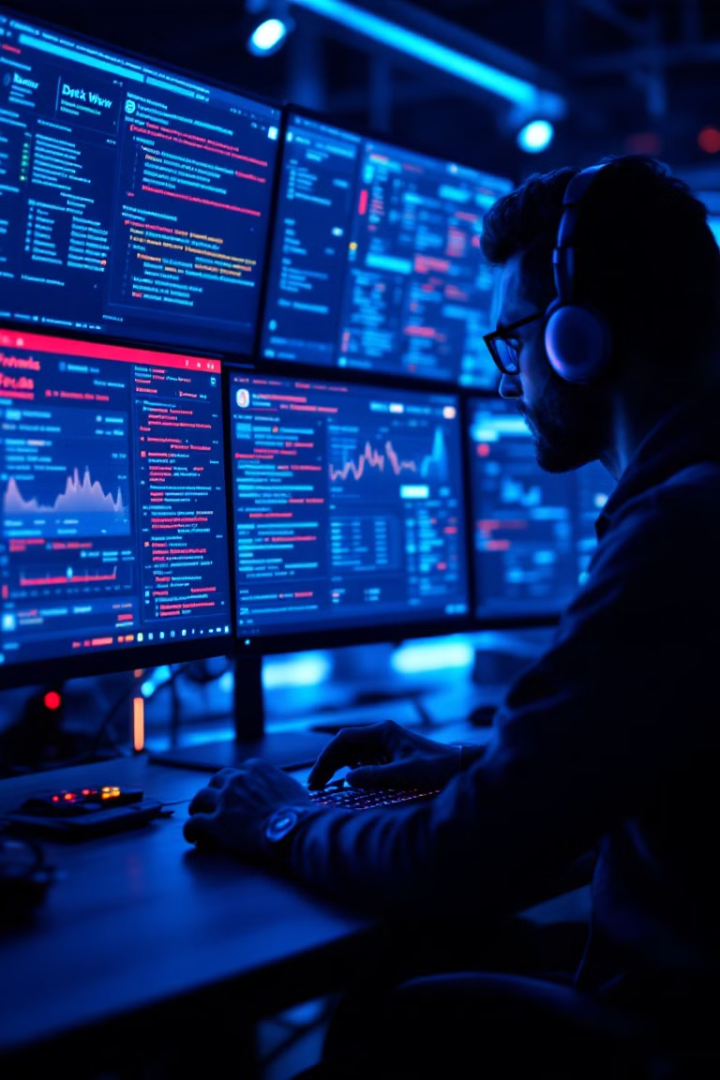 Security analyst reviewing compromise signals on monitoring screens